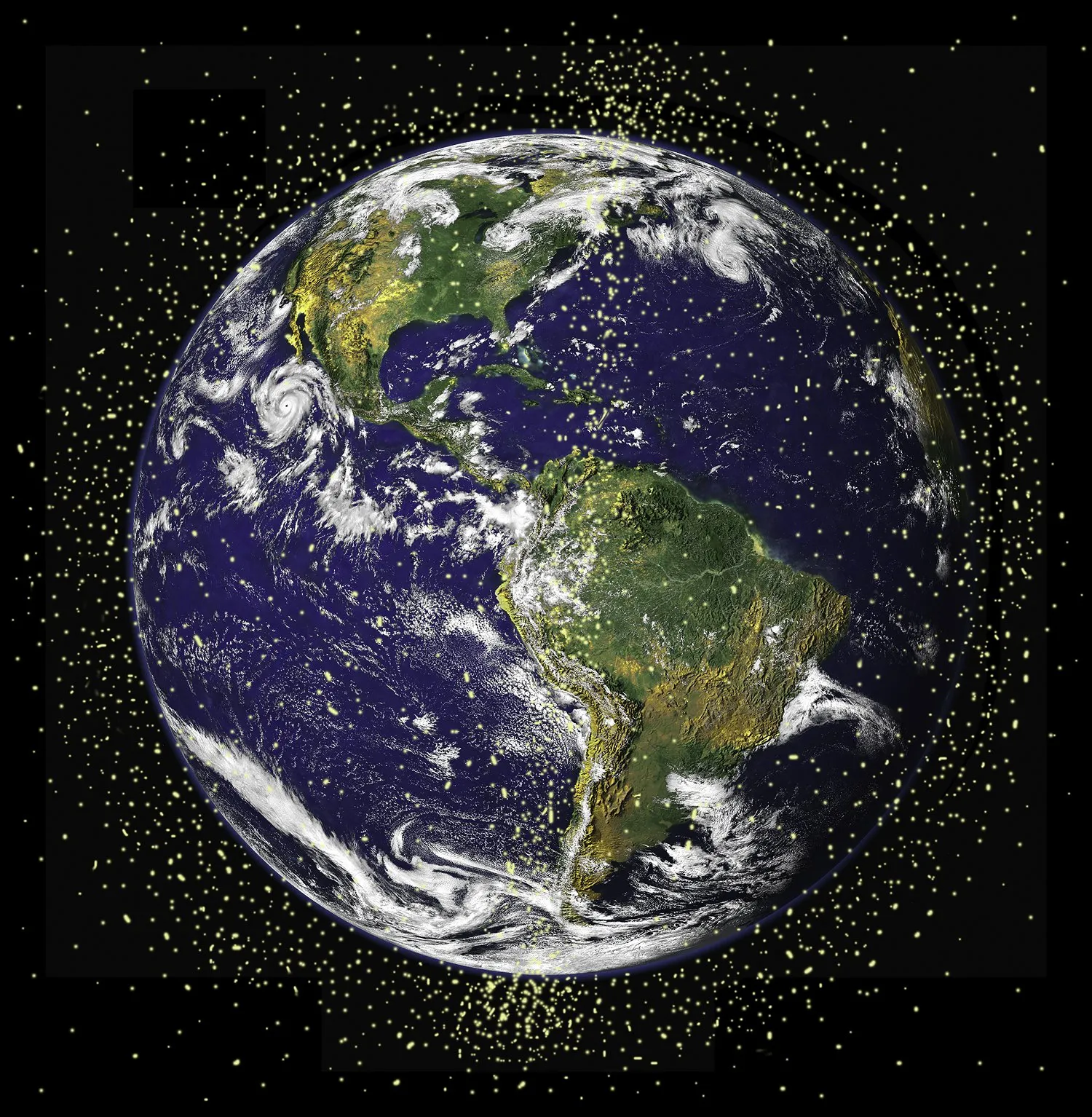 Earth viewed from orbit, ringed by a dense field of orbital debris